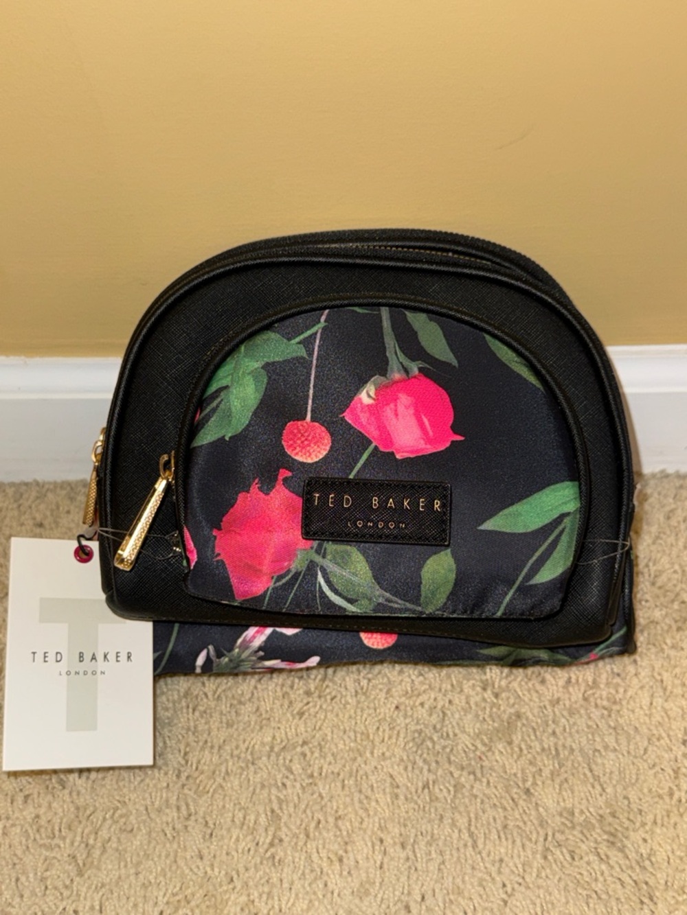 Ted Baker Black Floral Makeup Pouch with Pink Blooms